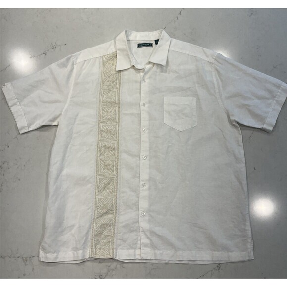 Cubavera XL Ivory Linen Blend Button Up Short Sleeve Shirt Embroidered Beach - Picture 1 of 7